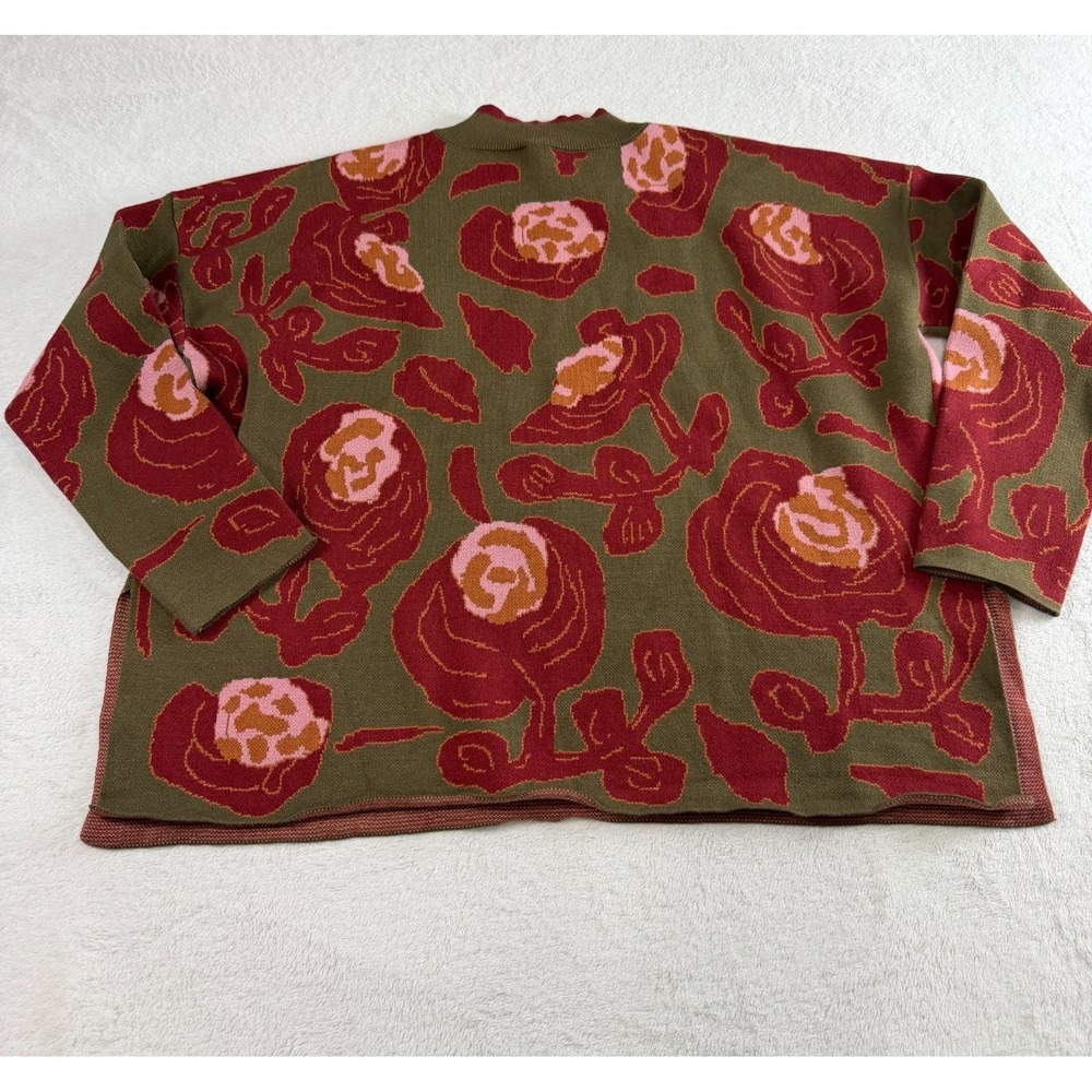 JODIFL Sweater Womens S Olive Green Red Floral Rose Mock Neck Slit Hem Oversized - Picture 3 of 9